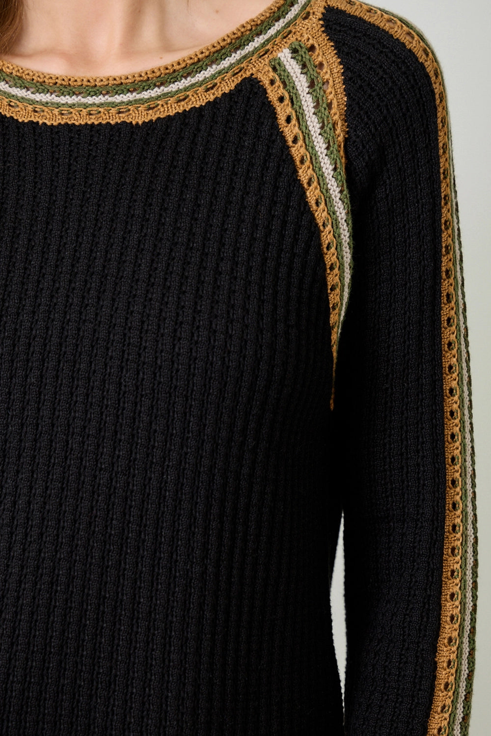 Raglan Sleeve Trim Detail Sweater Top - Black