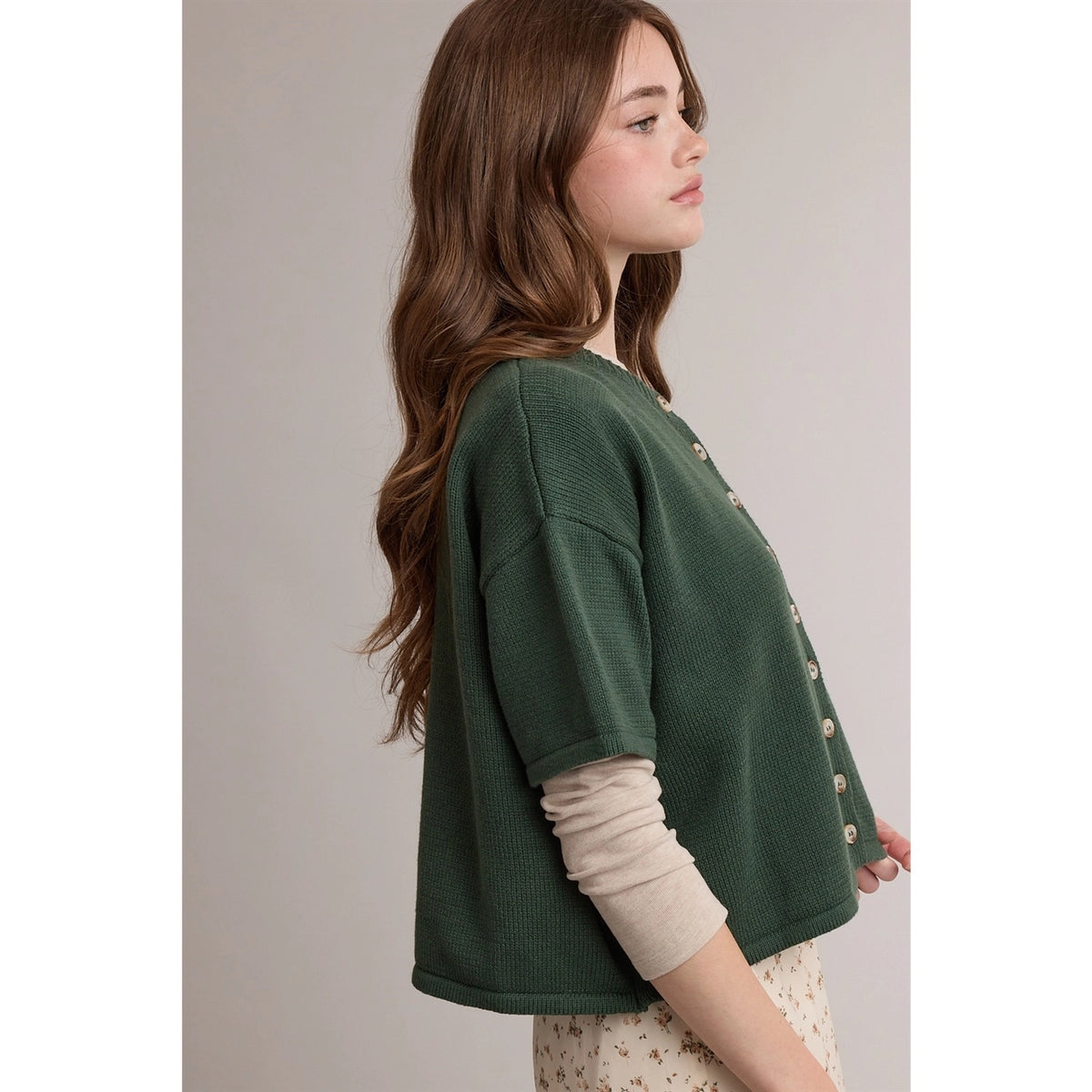 Short Sleeve Button Front Knit Cardigan - Green