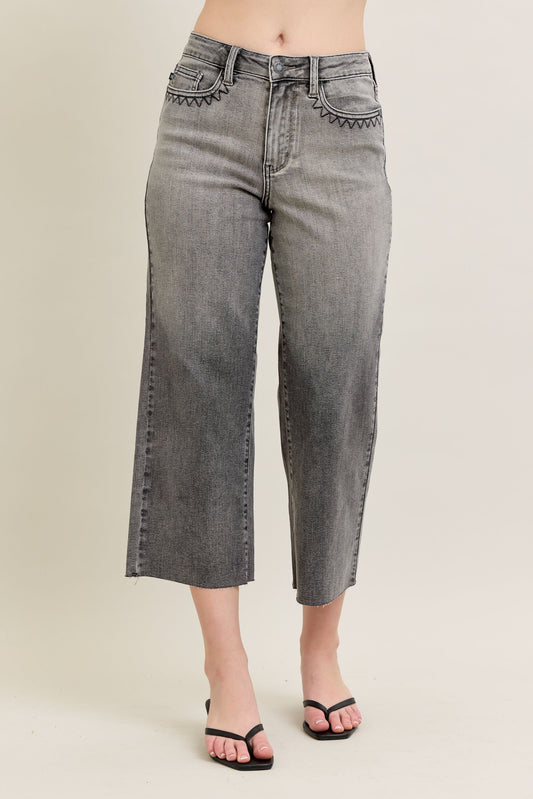 Judy Blue HW Vintage Grey Wash & Front Pocket Embroidery Crop Wide Jeans