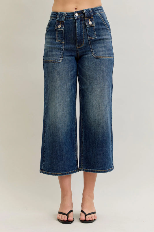 Judy Blue HW Wide Crop Utility & Patch Pocket Jeans