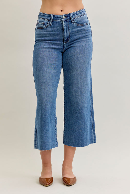Judy Blue HW Wide Crop Classic Raw Hem Jeans
