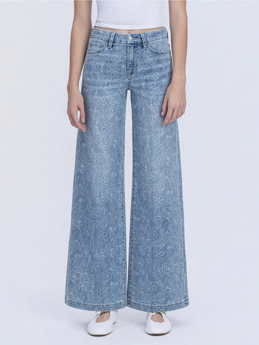 High Rise Medium Light Floral Print Wide Leg Jeans