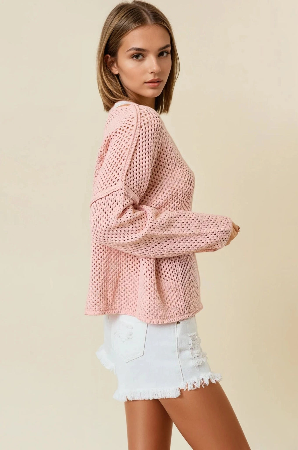 V-Neck Long Sleeve Crochet Sweater Knit Top - Pink