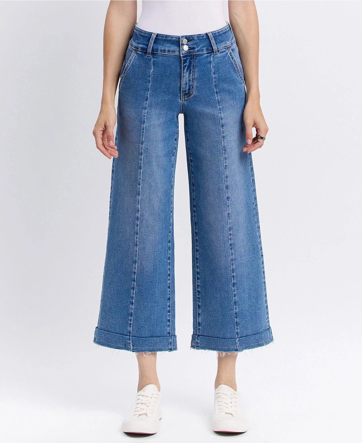 High Rise Two Buttons Trouser Hem Wide Jeans