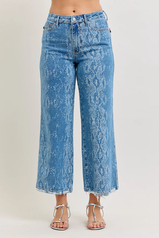 Judy Blue Printed HW Ankle Wide Jeans