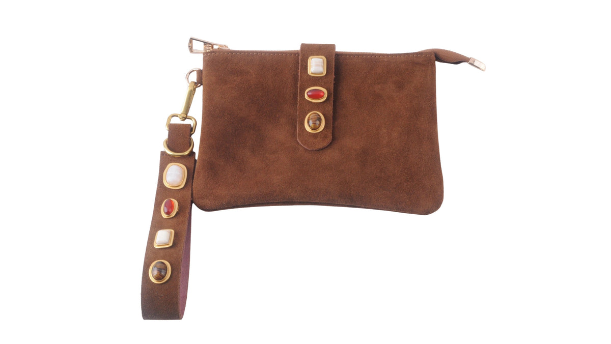 Gemstone Suede Wristlet Pouch & Keychain - Caramel