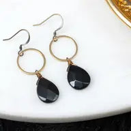 Black Onyx Teardrop Hoop Earrings