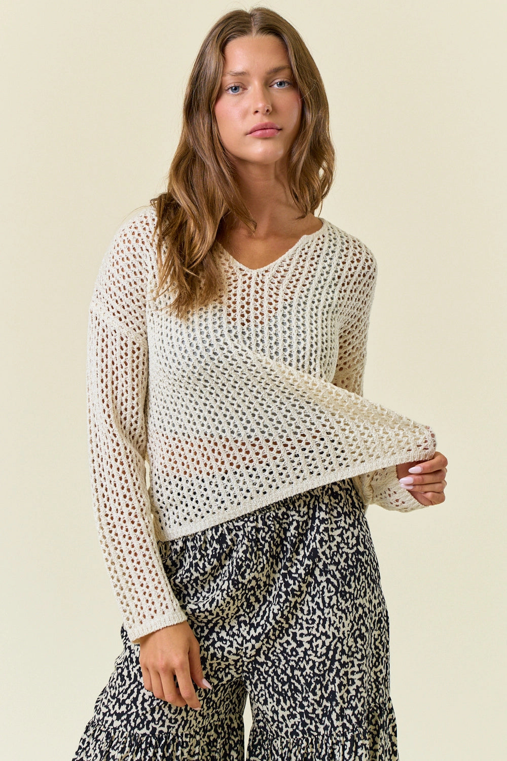 Split V-Neck Long Sleeve Knit Sweater - Cream