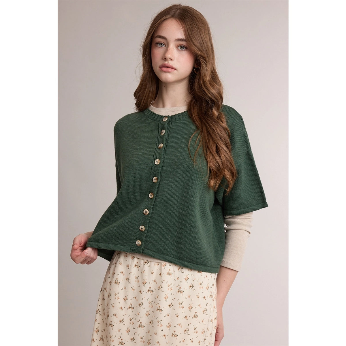 Short Sleeve Button Front Knit Cardigan - Green