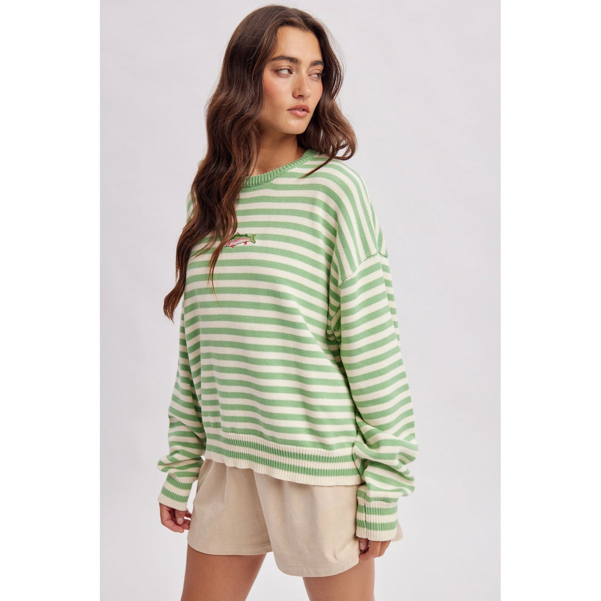 Striped Fish Coastal Graphic Sweater - Green
