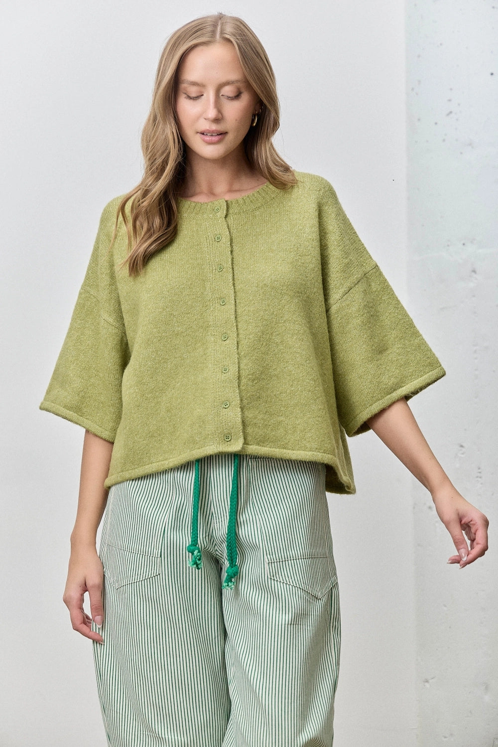 Button Up Short Sleeve Knit Cardigan - Green