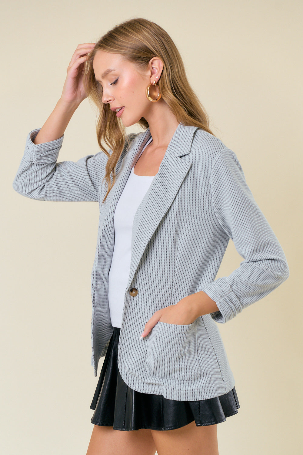 Shirred Sleeve Textured Blazer