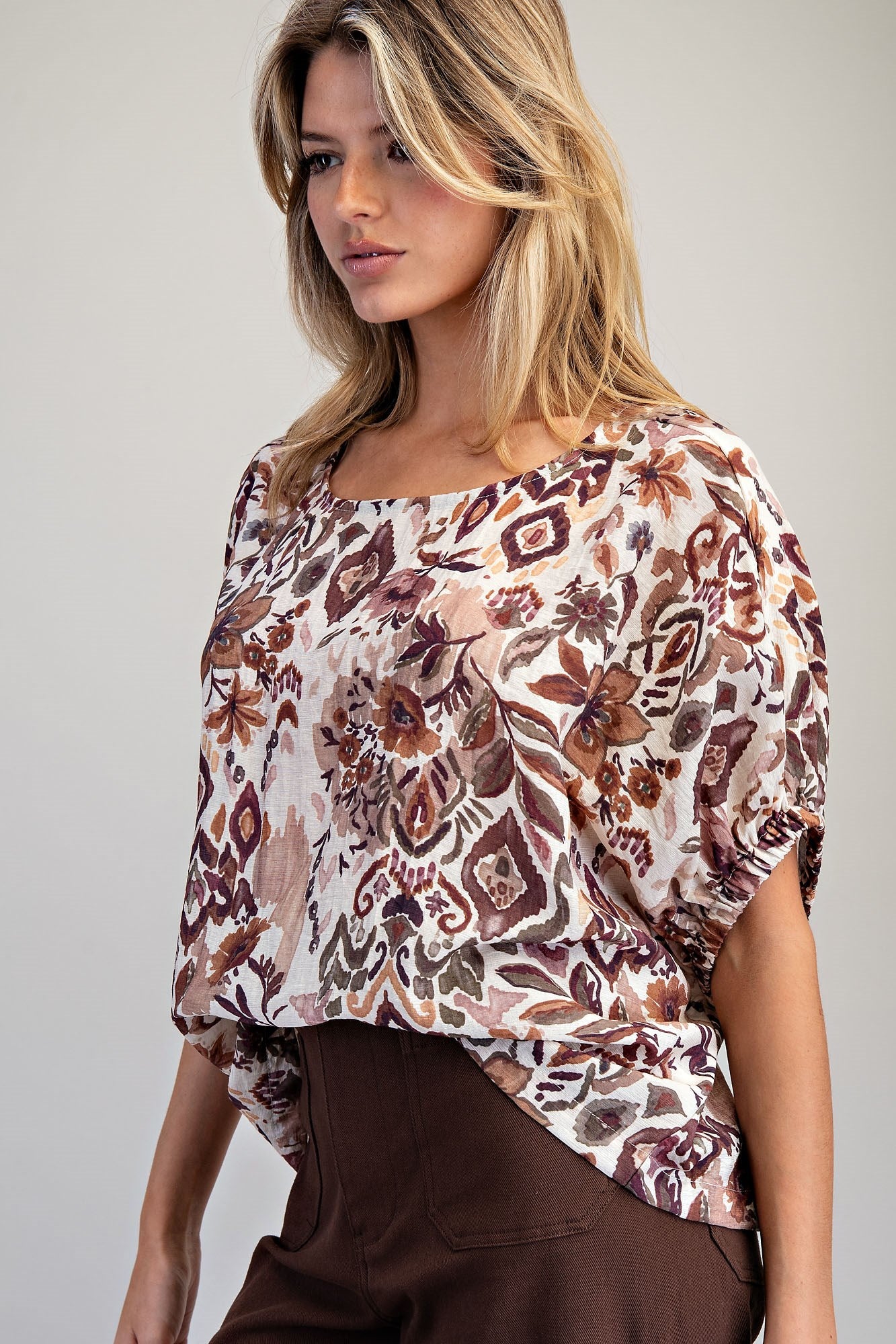 Printed Short Dolman Sleeve Blouse - Dusty Garden