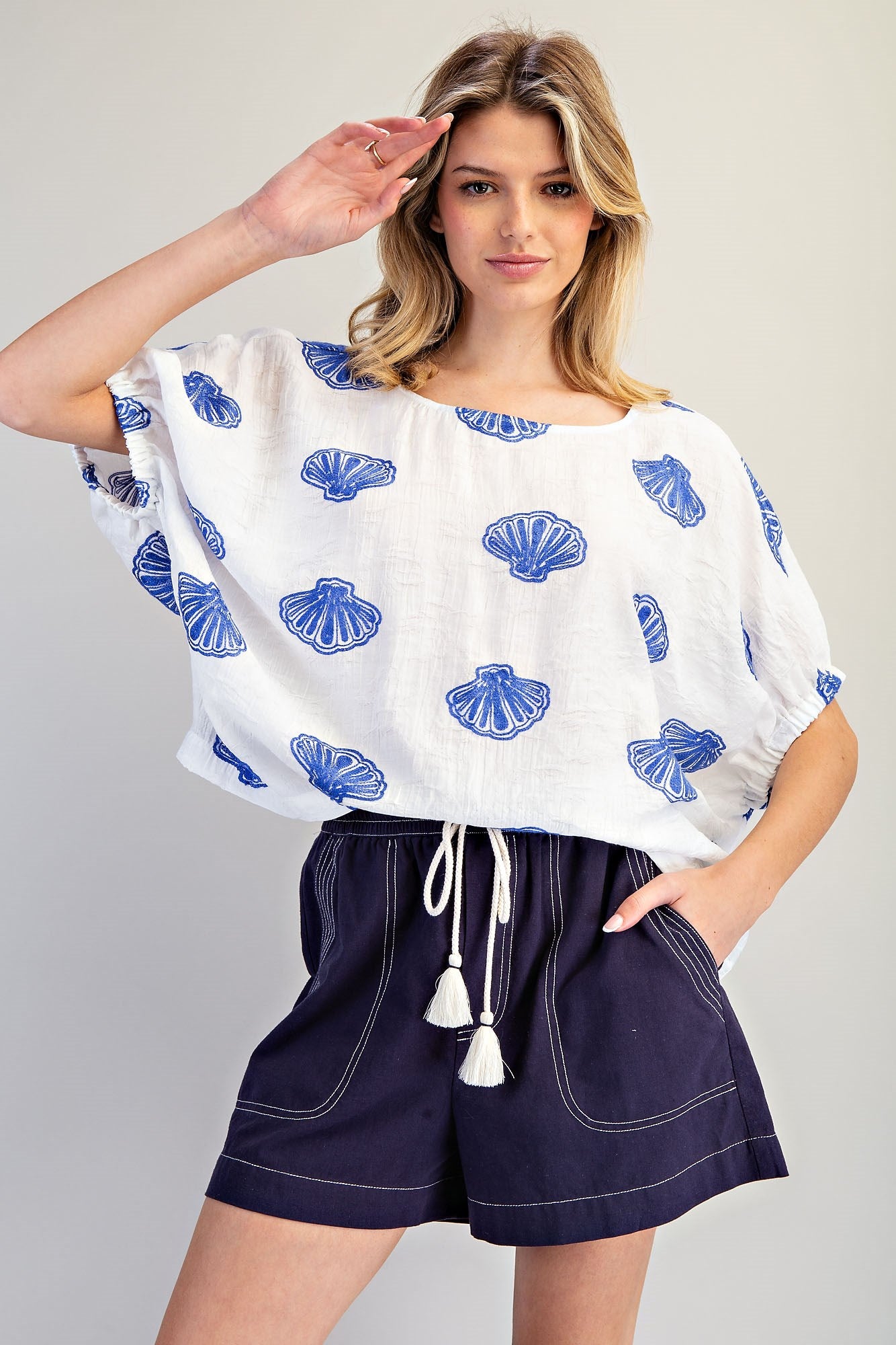 Seashell Embroidered Elastic Cuff Top