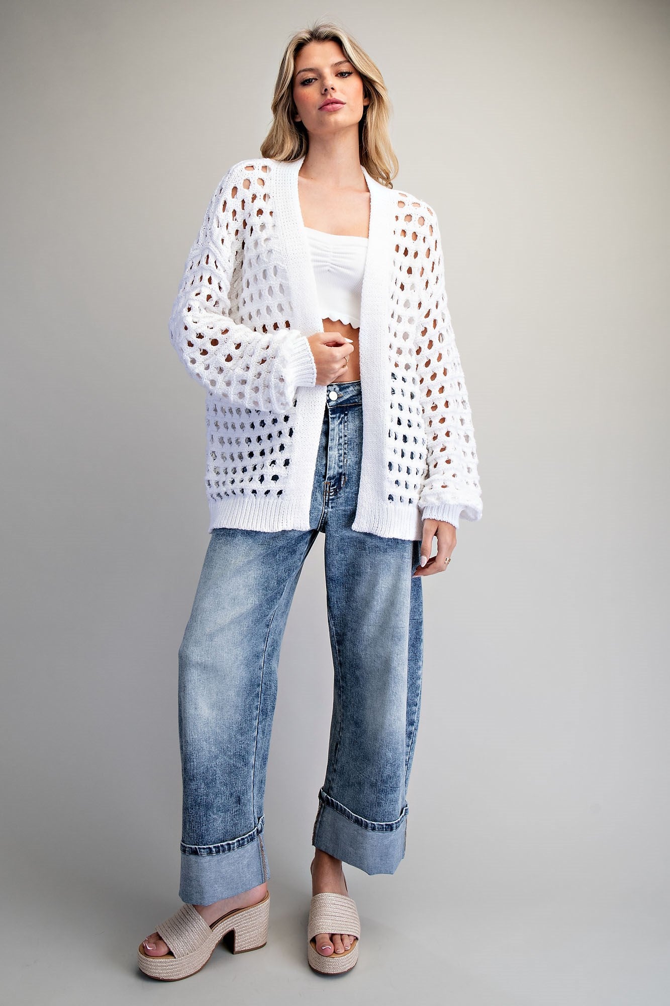 Open Knit Bubble Sleeve Cardigan