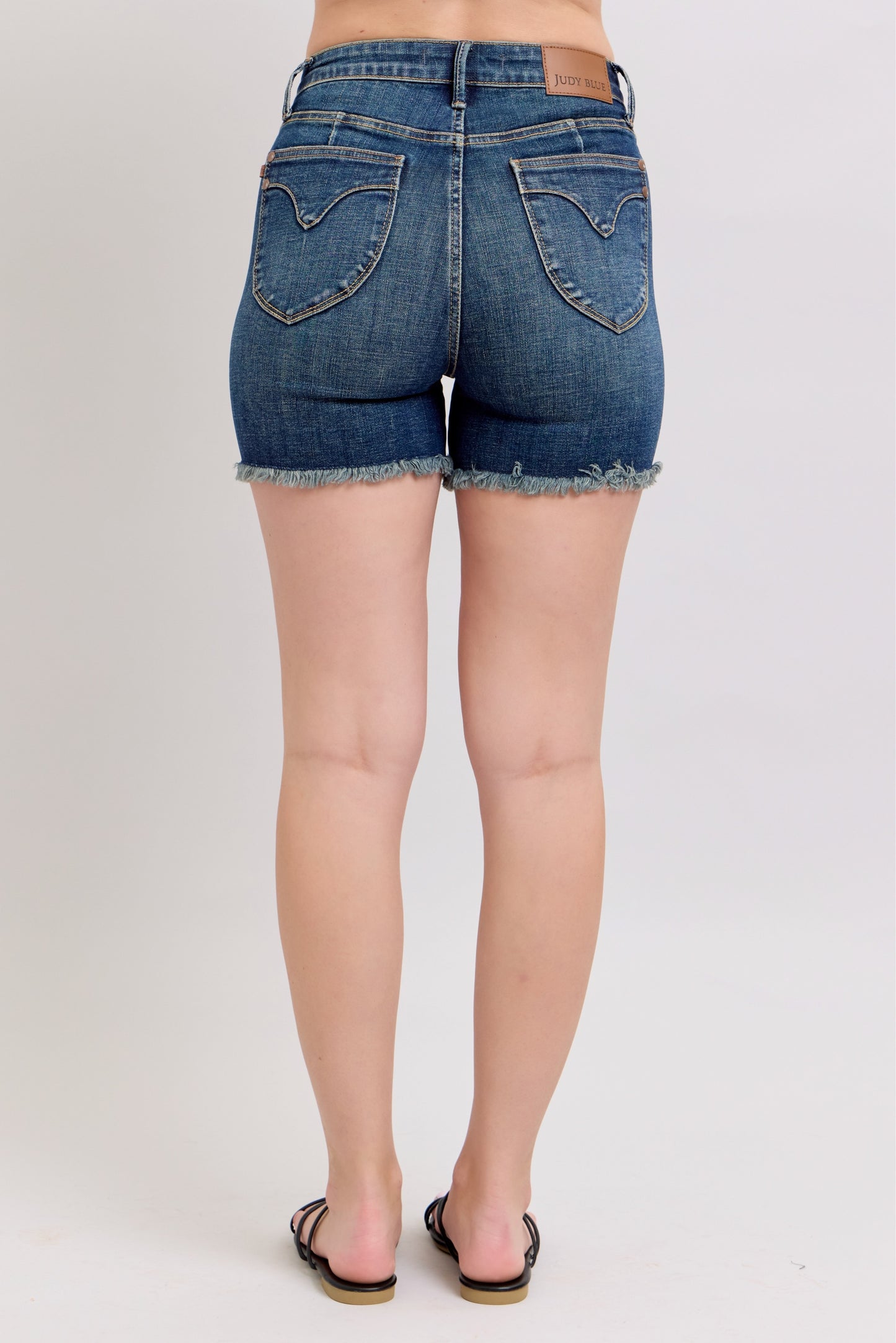 Judy Blue HW Tummy Control Fray Hem & Shield Back Pocket Shorts