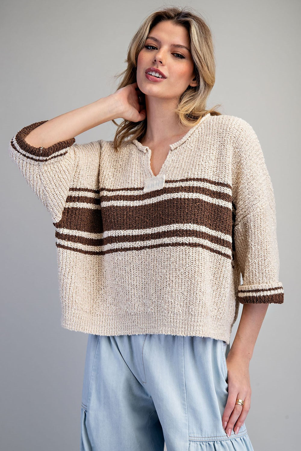 Striped Notched Neck Cropped Sweater