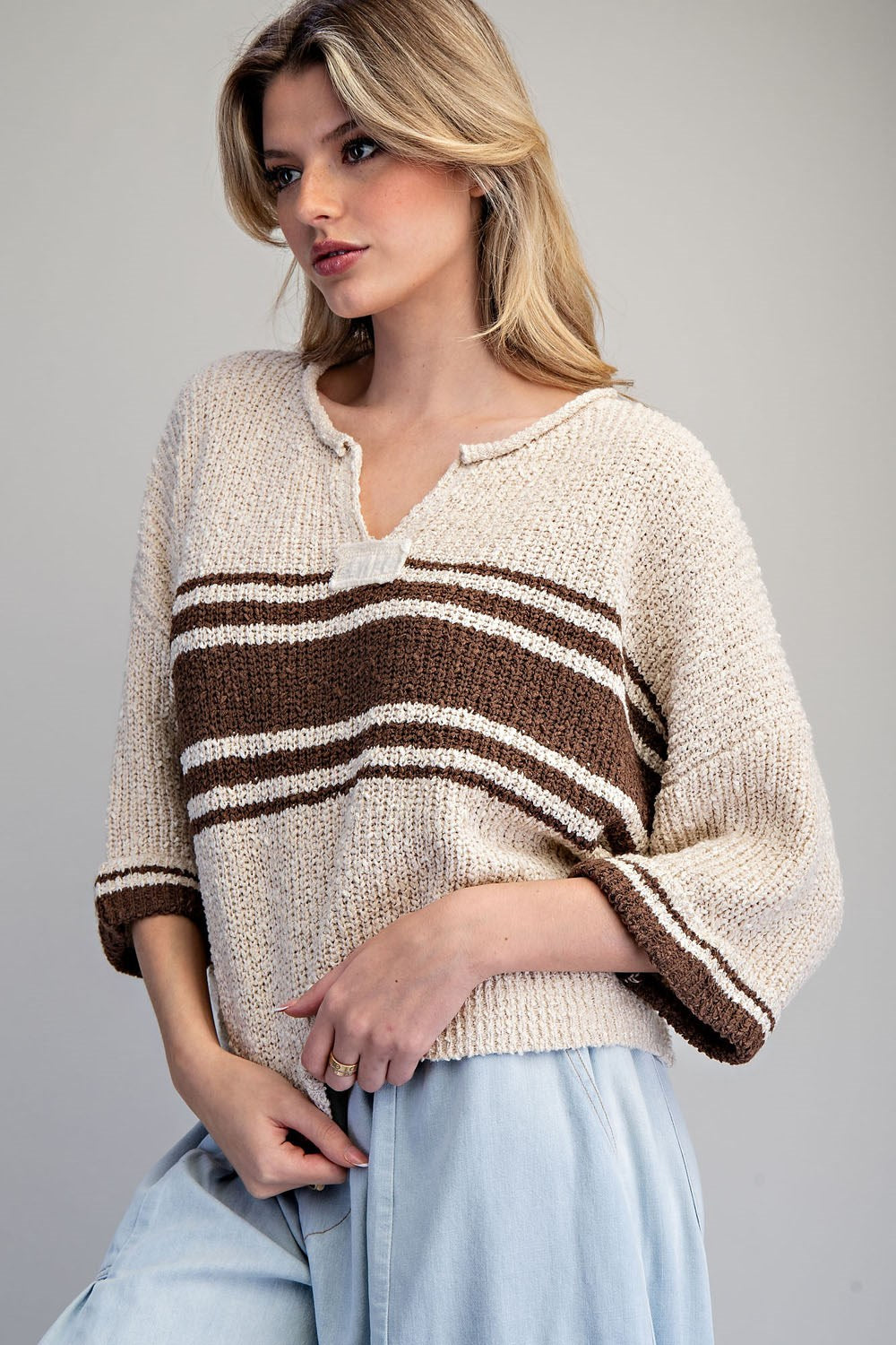 Striped Notched Neck Cropped Sweater