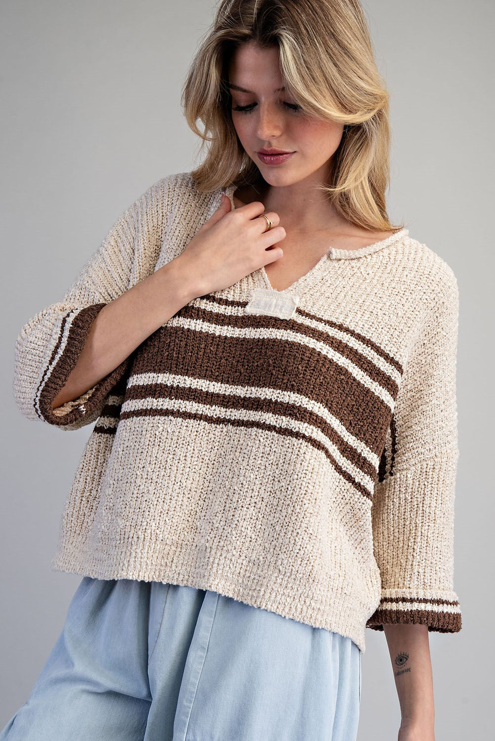 Striped Notched Neck Cropped Sweater