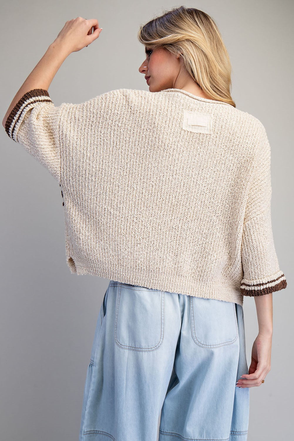 Striped Notched Neck Cropped Sweater