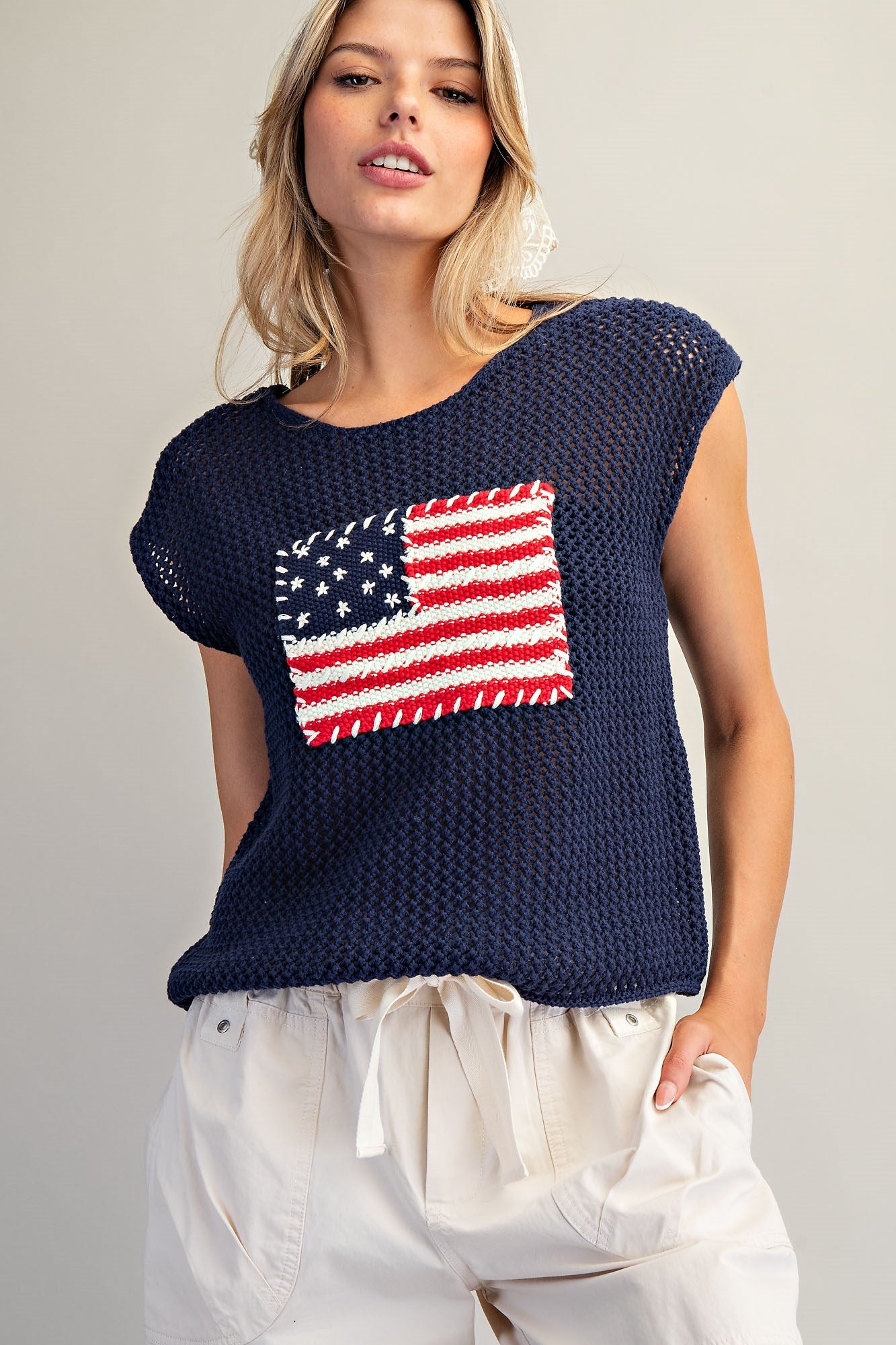 Stars & Stripes Knit Cap Sleeve Top