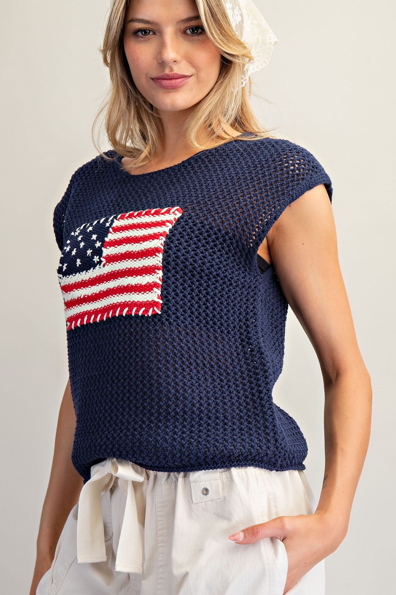Stars & Stripes Knit Cap Sleeve Top