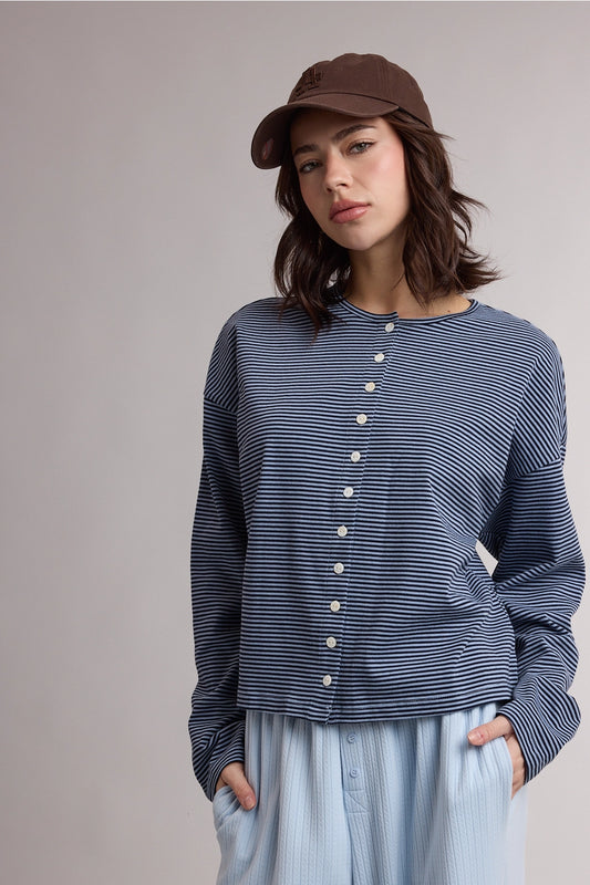 Stripe Button Front Knit Top