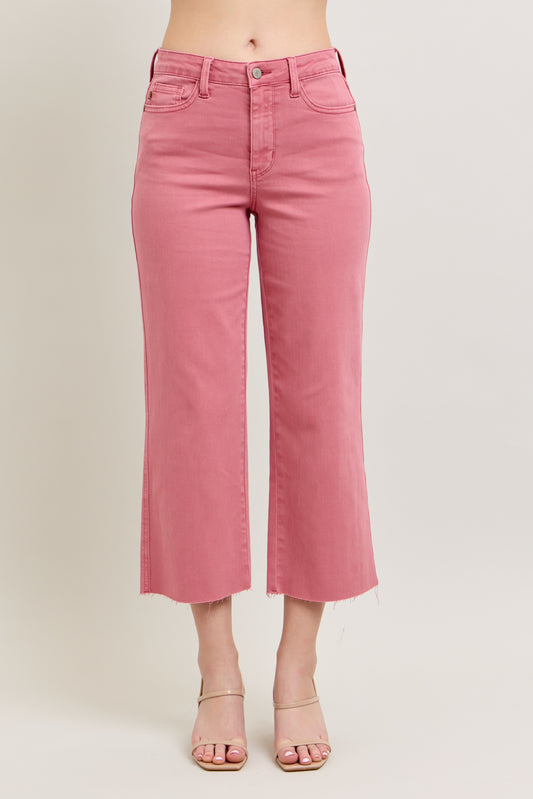 Judy Blue HW Garment Dyed Raw Hem Crop Wide - ROSE
