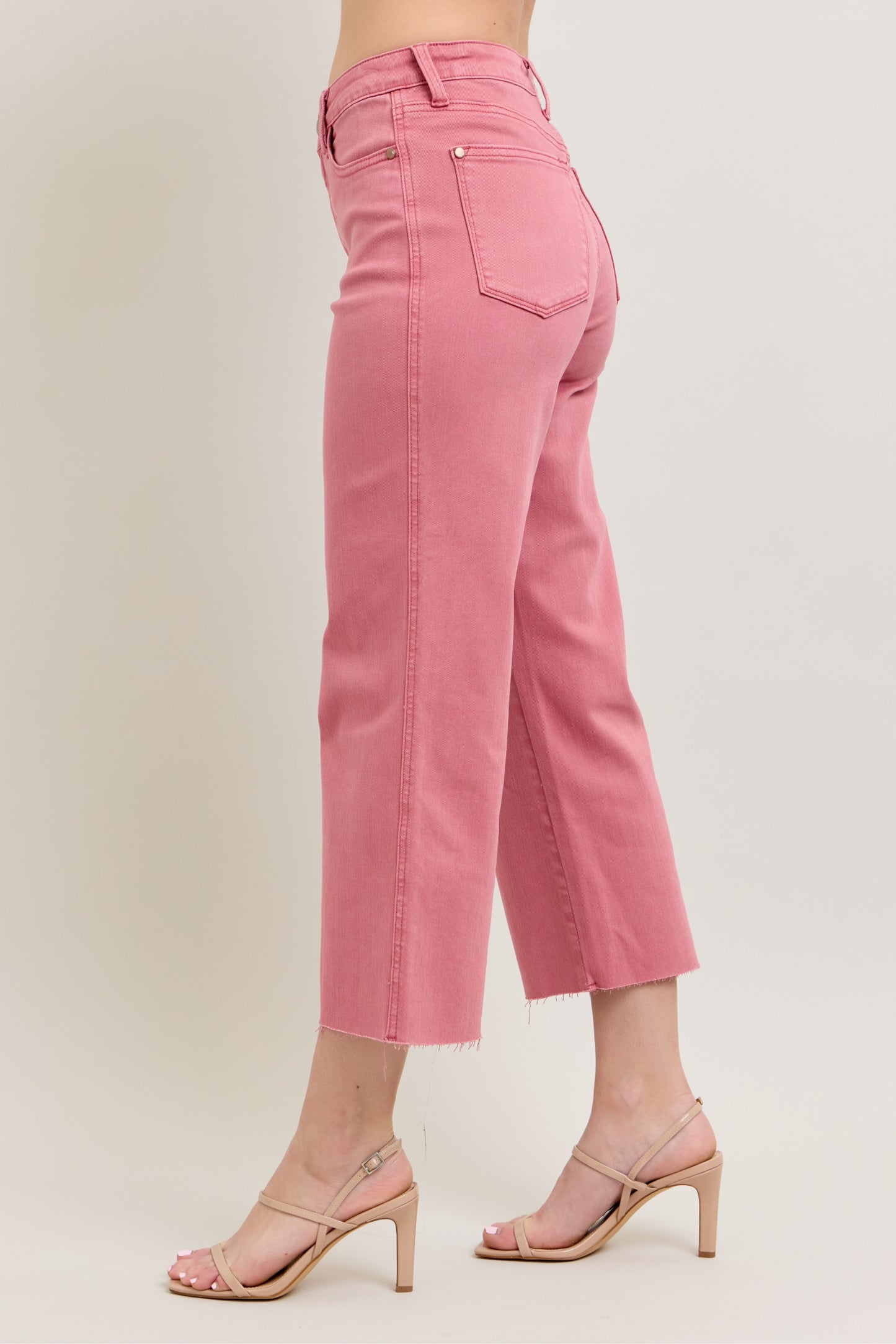 Judy Blue HW Garment Dyed Raw Hem Crop Wide - ROSE
