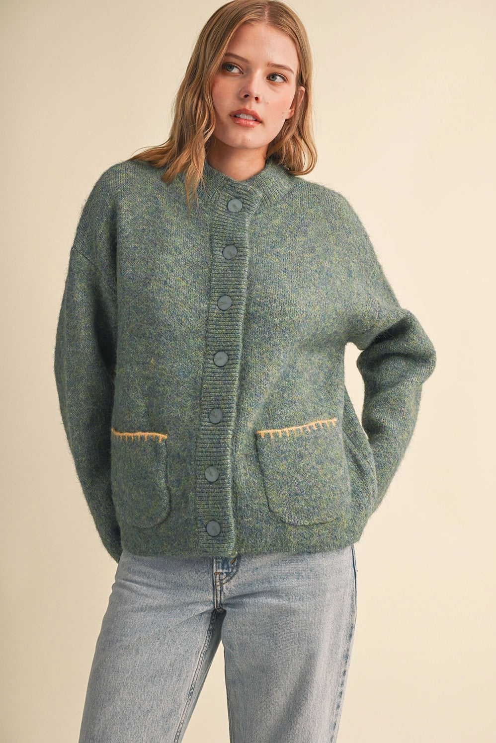 Blanket Stitch Button Down Sweater Cardigan