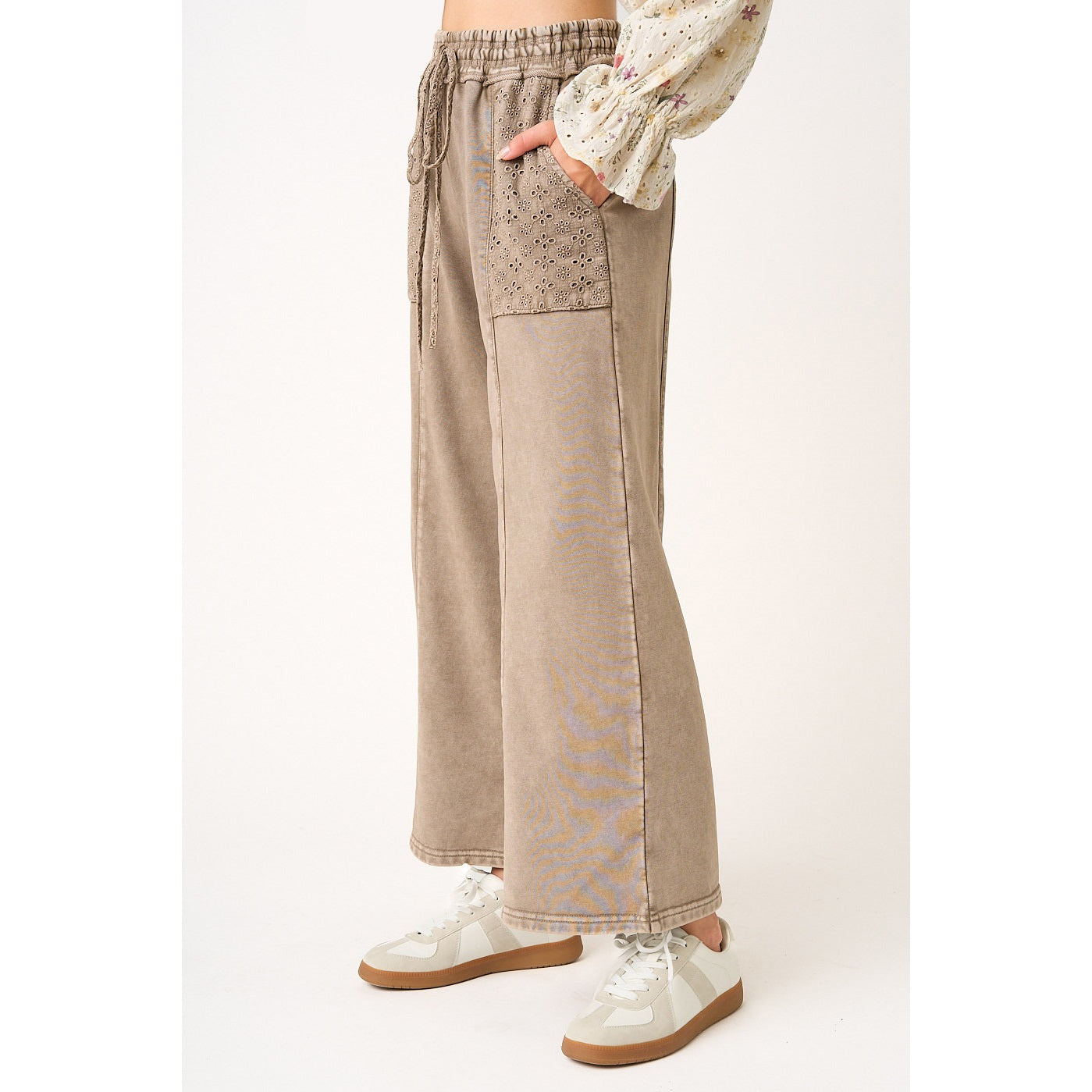 Eyelet Lace Pocket Mineral Wash Wide Leg Pants