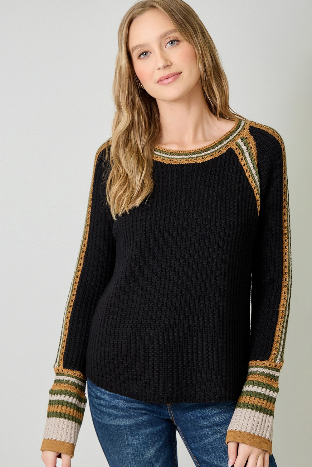 Raglan Sleeve Trim Detail Sweater Top - Black
