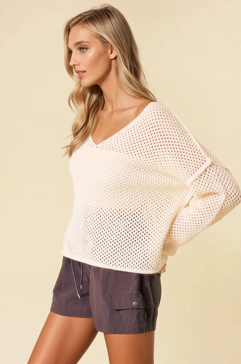 V-Neck Long Sleeve Crochet Sweater Knit Top - Ivory