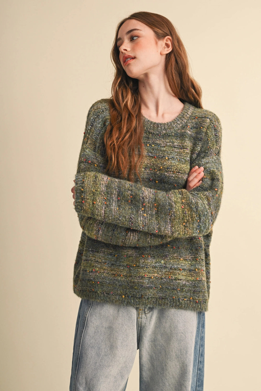 Speckled Knit Striped Sweater Pullover