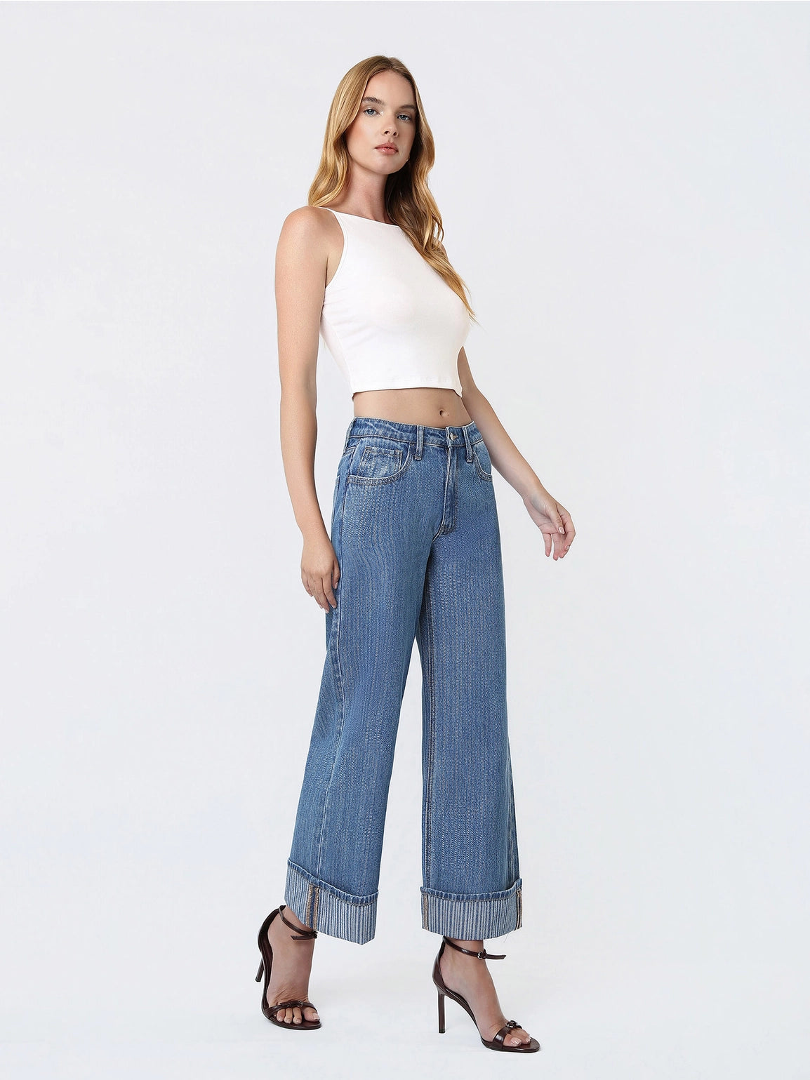 High Rise Cuffed Jacquard Stripe Crop Wide Jeans