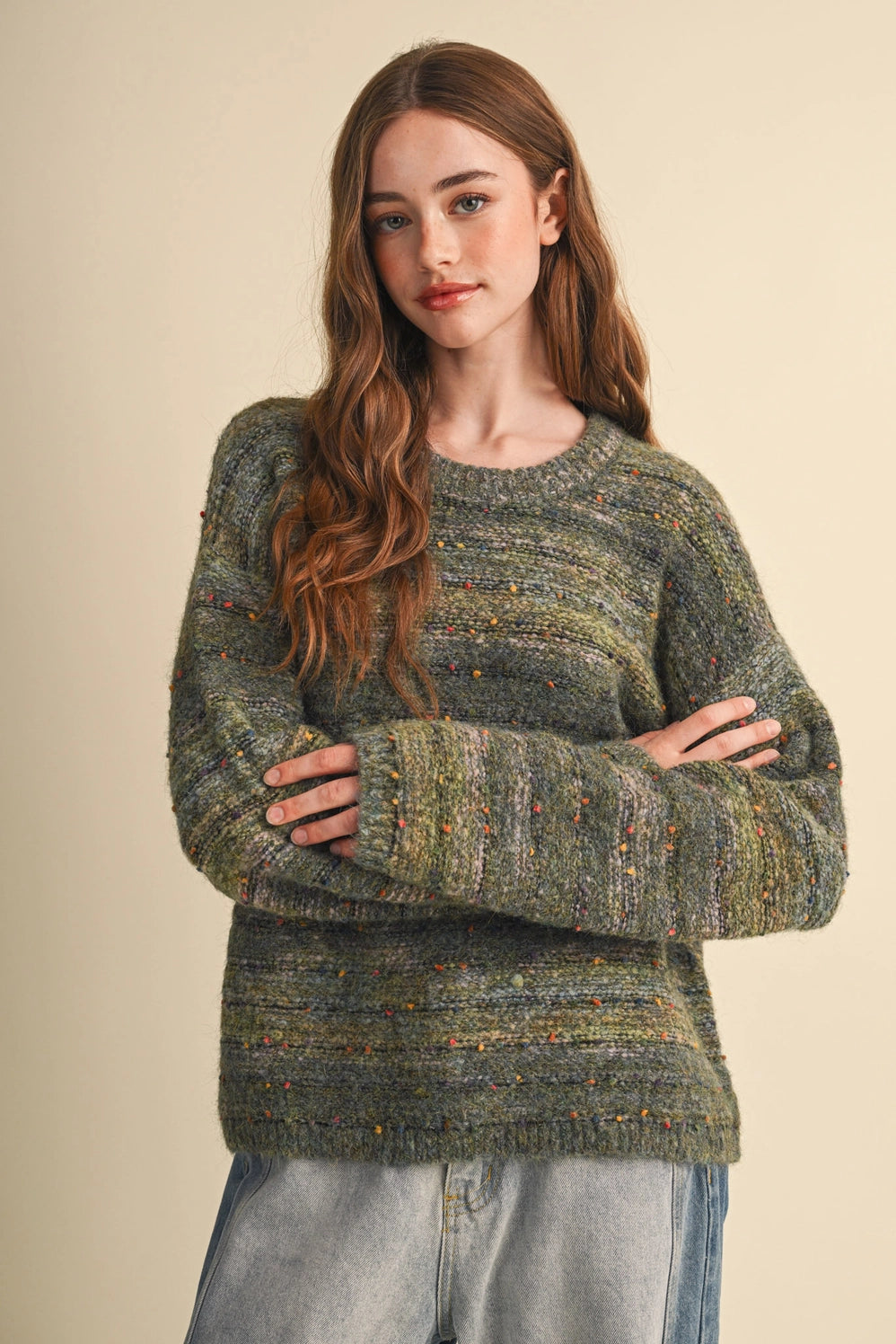 Speckled Knit Striped Sweater Pullover
