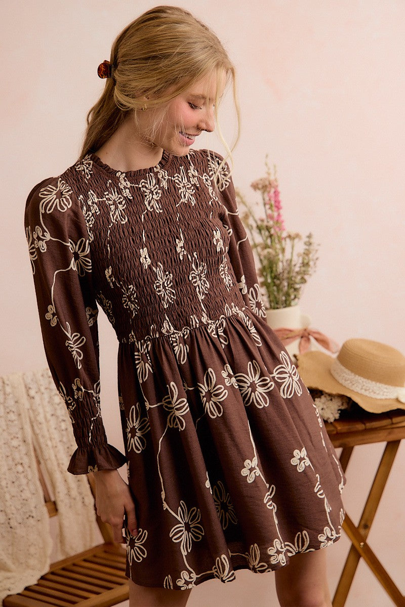 Floral Smocked Bodice Long Sleeves Dress