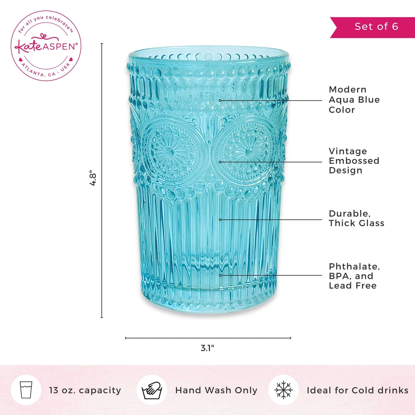 13 oz. Vintage Textured Aqua Blue Drinking Glasses