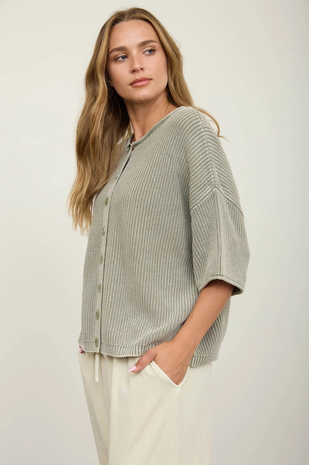 Washed Ribbed Short Sleeve Cardigan - Sage