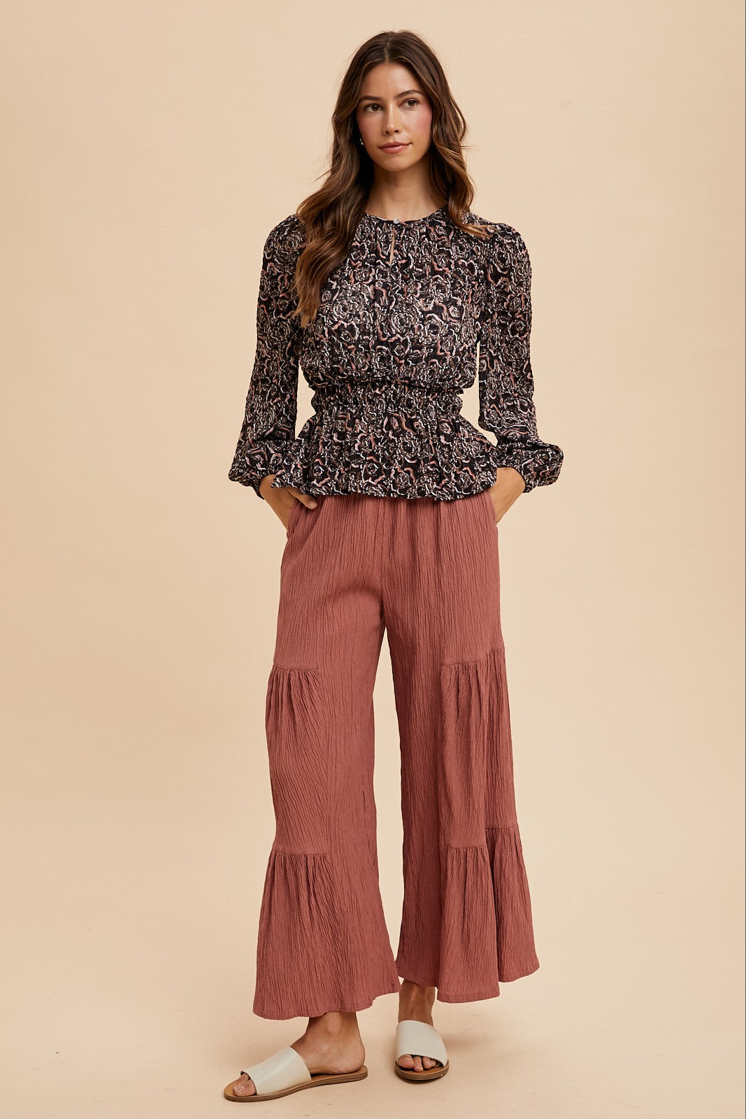 Textured Woven Tiered Detail Wide Pants - Rose