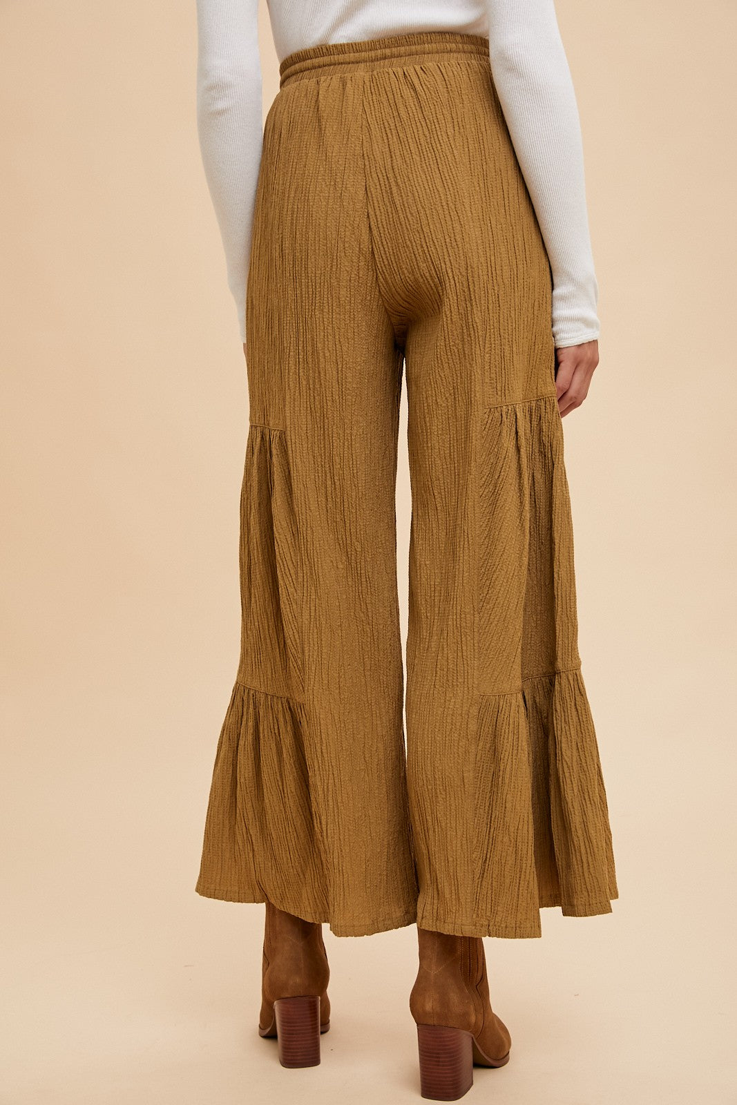 Textured Woven Tiered Detail Wide Pants -Dijon