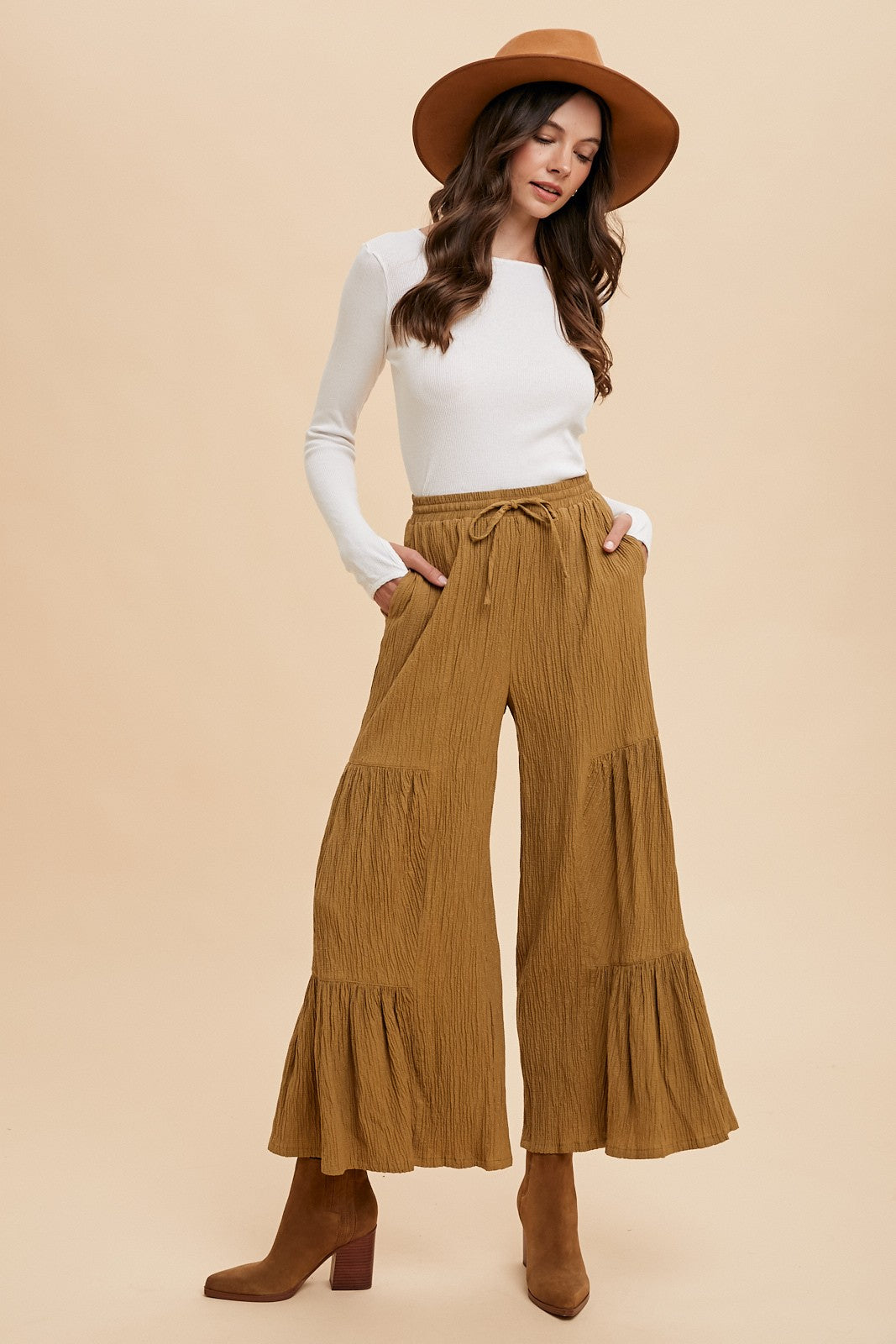 Textured Woven Tiered Detail Wide Pants -Dijon