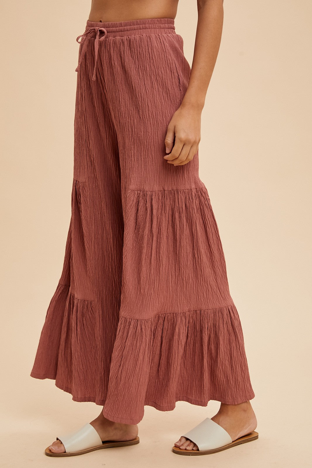 Textured Woven Tiered Detail Wide Pants - Rose