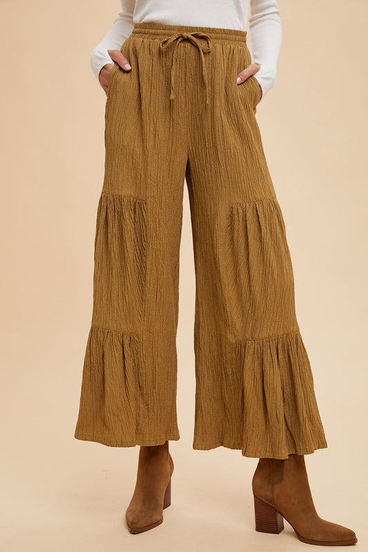 Textured Woven Tiered Detail Wide Pants -Dijon