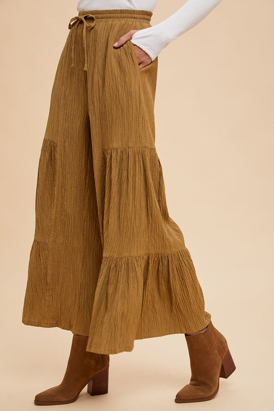Textured Woven Tiered Detail Wide Pants -Dijon