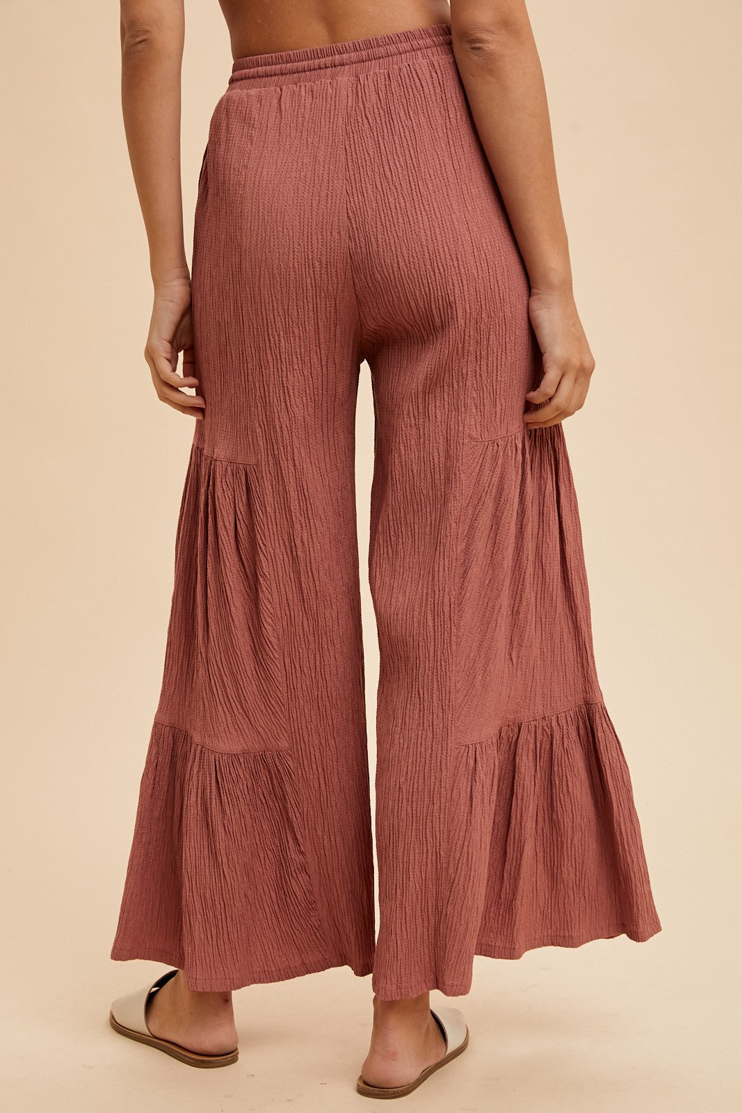 Textured Woven Tiered Detail Wide Pants - Rose