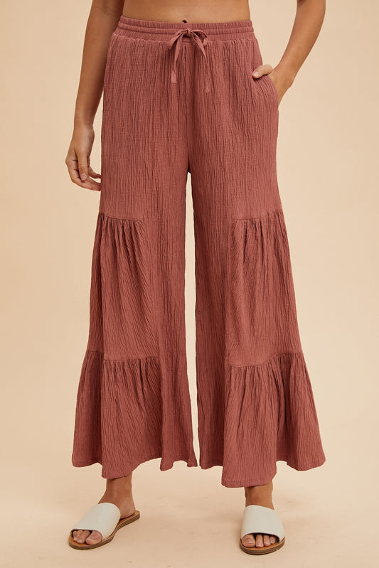 Textured Woven Tiered Detail Wide Pants - Rose