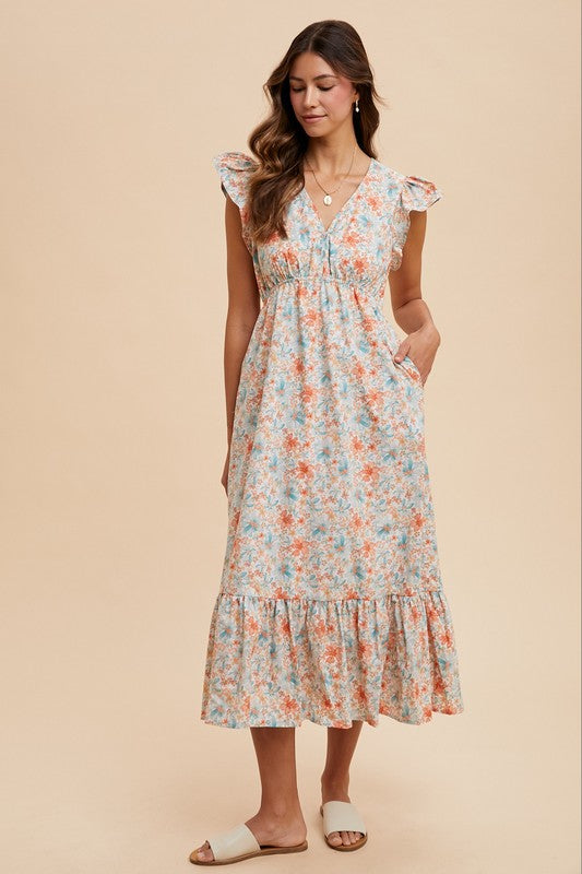 Water Color Flower Print Midi Dress