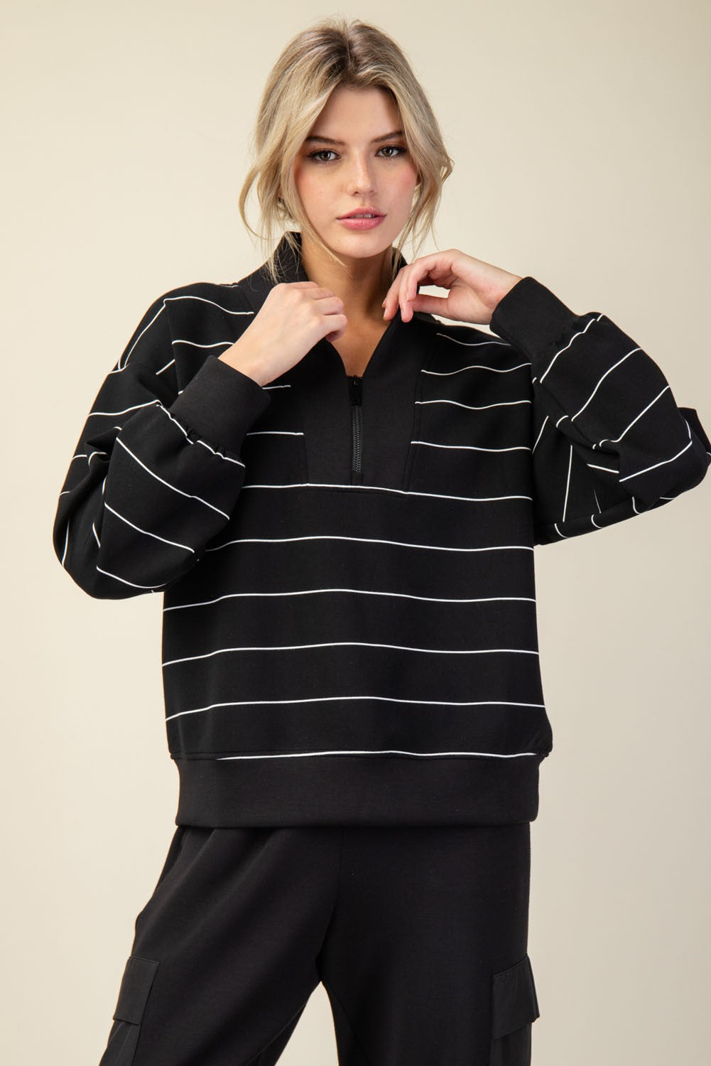 Modal Scuba Stripe V-neck Zipper Top