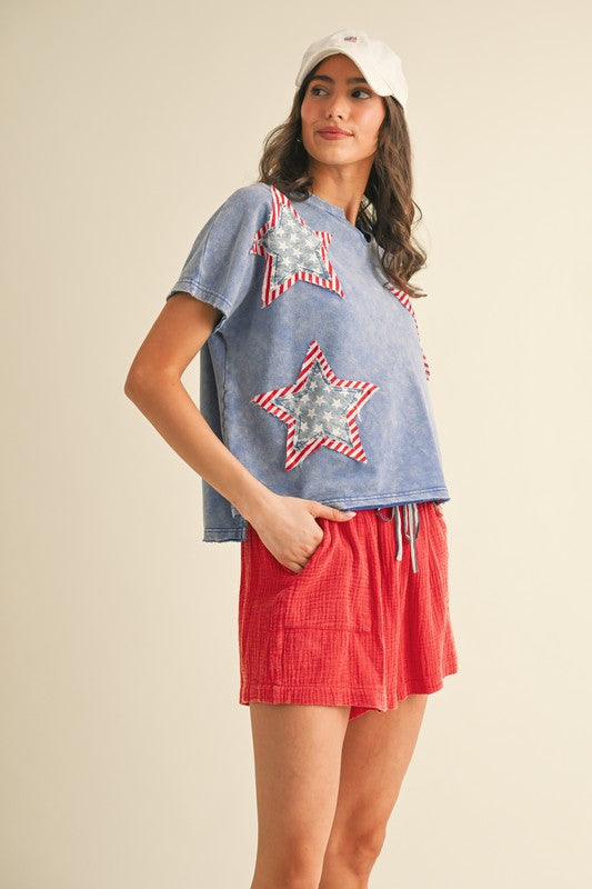 Mineral Washed Star Patched Knit Top